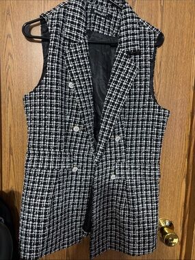 Allegra K Black & White Tweed Double-Breasted Sleeveless Vest